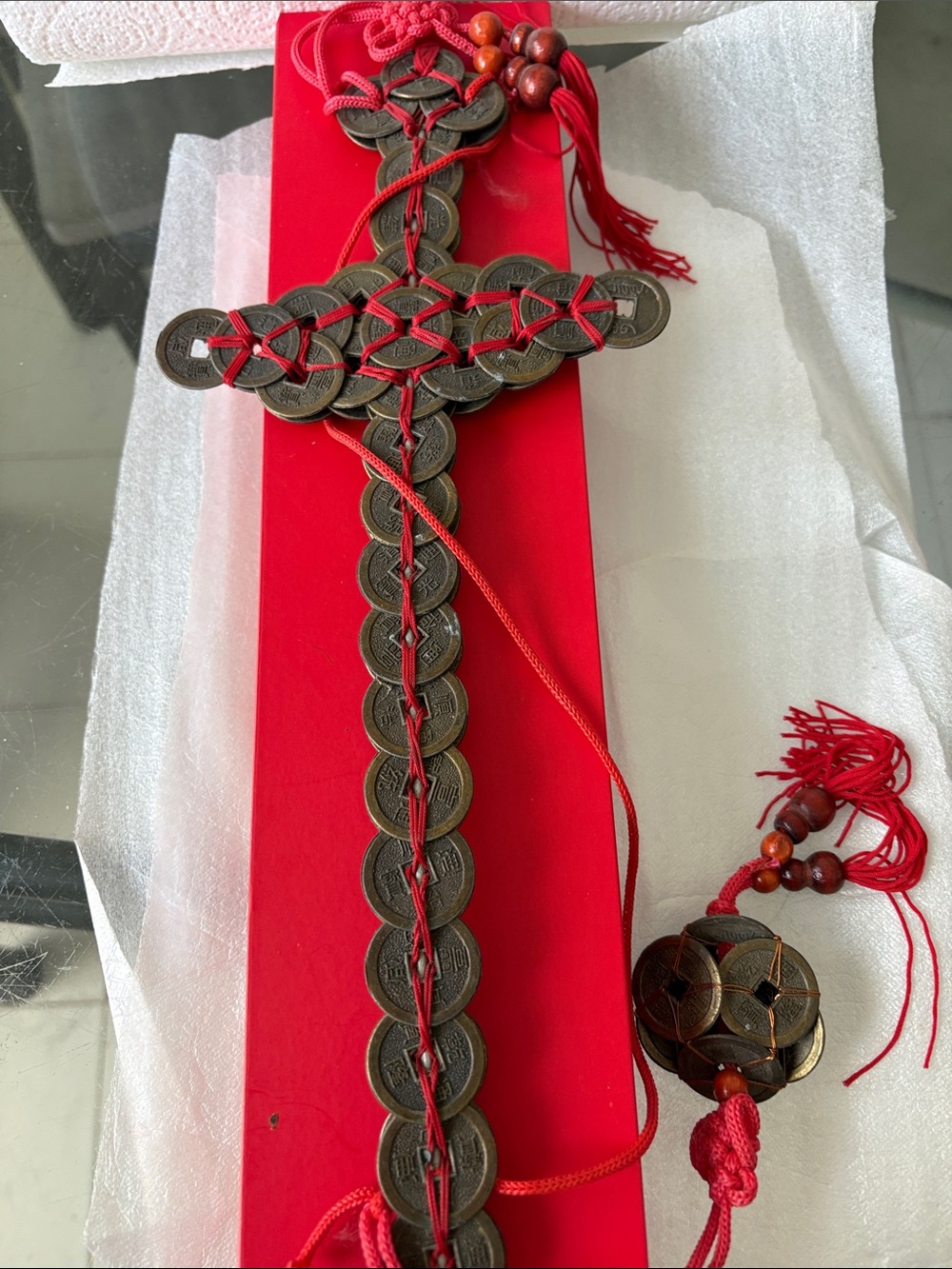 Chinese Coin Cross Wall Hanging - Red and Antique Bronze 14 inches